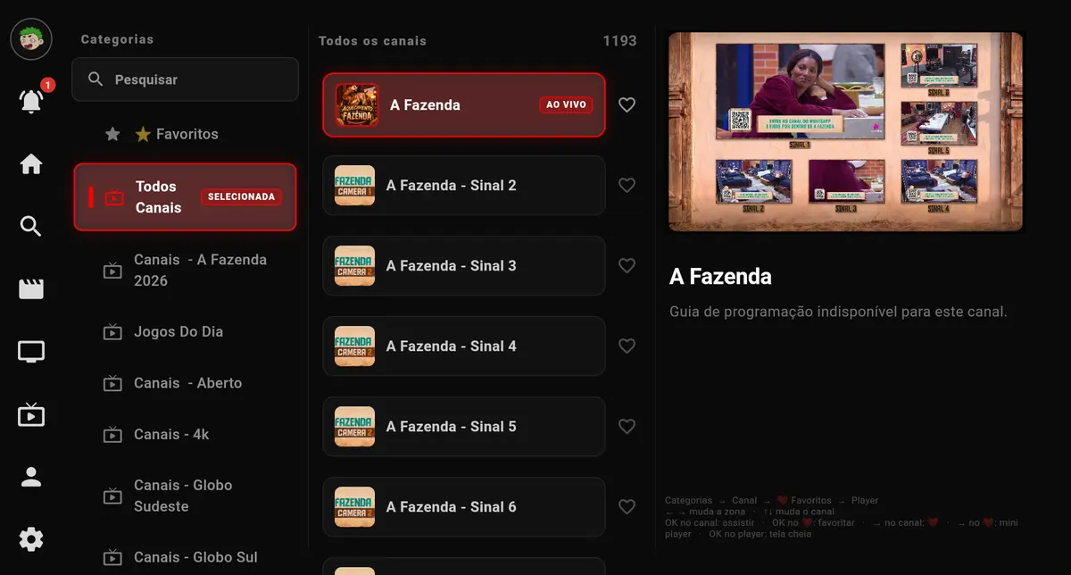 Categorias e lista de canais ao vivo no Flix Fusion para TV