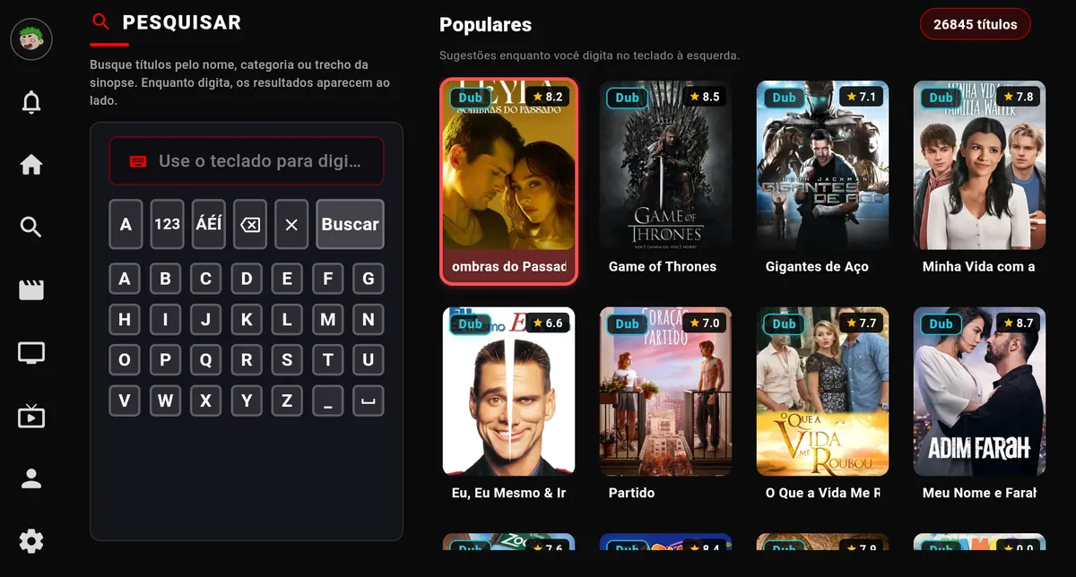Busca do Flix Fusion para TV, com teclado e catálogo